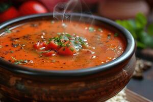 ai gerado tomate shorba uma vapor tigela do cremoso tomate sopa enfeite. generativo ai foto