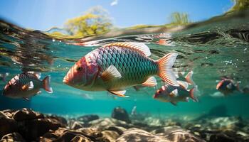 ai gerado embaixo da agua peixe natação abaixo, natureza beleza dentro tropical azul gerado de ai foto