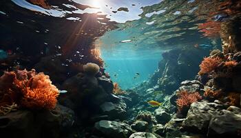 ai gerado embaixo da agua aventura peixe, coral, mergulhando, tropical clima, azul mar gerado de ai foto