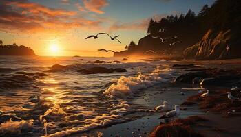 ai gerado pôr do sol sobre a tranquilo litoral, gaivota vôo dentro a céu gerado de ai foto