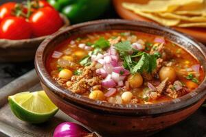 ai gerado sopa com uma torção, descobrir a negrito e picante delícias do pozole. generativo ai foto