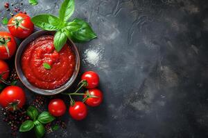 ai gerado caseiro tomate molho passata - tradicional receita do italiano cozinha - topo Visão com cópia de espaço. generativo ai foto