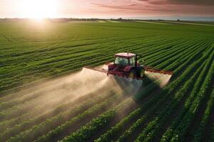 ai gerado trator pulverização pesticidas às soja feijão campo. generativo ai foto