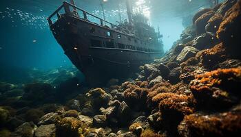 ai gerado embaixo da agua naufrágio revela beleza do mar vida e exploração gerado de ai foto