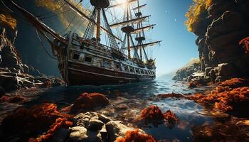ai gerado Navegando navio velas em água, madeira mastro, aventura dentro natureza gerado de ai foto