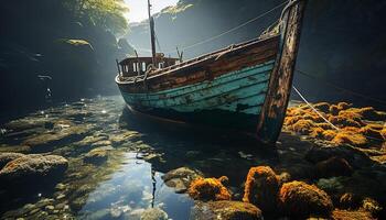 ai gerado abandonado pescaria barco em areia, tranquilo paisagem marítima, misterioso naufrágio gerado de ai foto