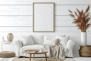 ai gerado minimalista casa de fazenda vivo quarto com em branco quadro, Armação brincar em branco de madeira parede pintura foto
