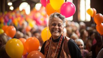 ai gerado sorridente mulheres apreciar ao ar livre festa, a comemorar com colorida balões gerado de ai foto