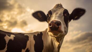 ai gerado fofa vaca pastar dentro a Prado, olhando às a pôr do sol gerado de ai foto