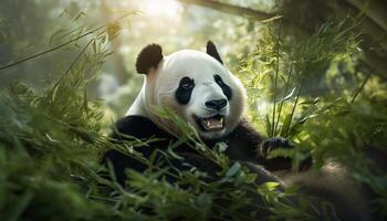 ai gerado fofa panda comendo bambu dentro verde floresta, brincalhão e adorável gerado de ai foto