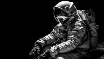 ai gerado astronauta dentro Preto e branco, explorando espaço com futurista tecnologia gerado de ai foto