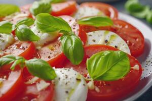 ai gerado salada caprese com tomate mozzarella e manjericão. generativo ai foto