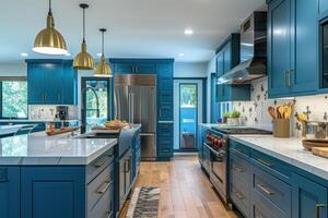 ai gerado moderno casa de fazenda azul cozinha com azul armários e ilha. generativo ai foto
