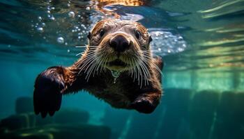 ai gerado fofa mar leão natação embaixo da agua, olhando às Câmera com foco gerado de ai foto