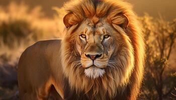 ai gerado majestoso leoa caminhando dentro a selvagem, natureza beleza dentro pôr do sol gerado de ai foto