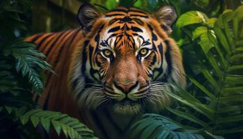 ai gerado majestoso Bengala tigre olhando fixamente, beleza dentro natureza, gato selvagem dentro floresta gerado de ai foto
