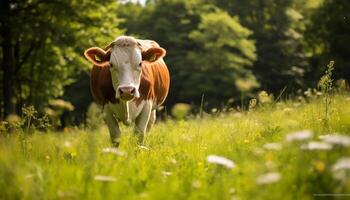 ai gerado fofa vaca pastar em verde Prado, cercado de flores silvestres gerado de ai foto