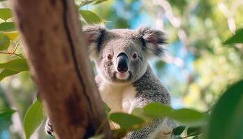 ai gerado fofa coala sentado em filial, olhando às Câmera dentro floresta gerado de ai foto