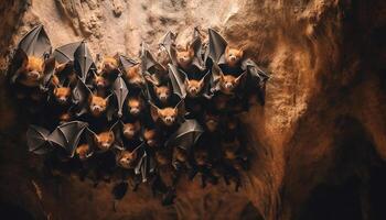 ai gerado uma lotado grupo do morcegos vôo dentro a Sombrio noite gerado de ai foto