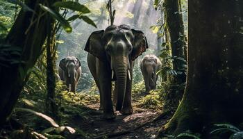 ai gerado elefante família caminhando dentro exuberante verde tropical floresta tropical gerado de ai foto