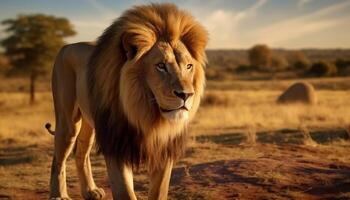 ai gerado majestoso leão anda em dentro a africano savana às pôr do sol gerado de ai foto