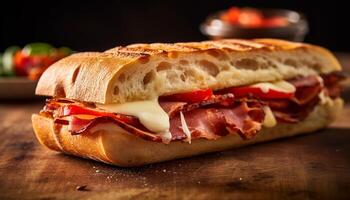 ai gerado grelhado carne sanduíche em ciabatta, fresco e gourmet gerado de ai foto