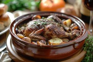 ai gerado saciar dentro francês tradição, coq au vin - uma culinária obra-prima foto