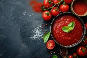 ai gerado caseiro tomate molho passata - tradicional receita do italiano cozinha - topo Visão com cópia de espaço. generativo ai foto