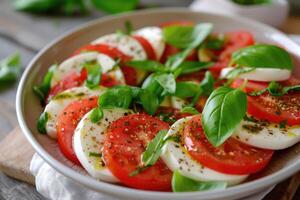 ai gerado salada caprese com tomate mozzarella e manjericão. generativo ai foto