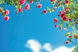 ai gerado lindo Primavera fronteira, florescendo rosa arbusto em uma azul fundo. floração rosa ancas contra a azul céu. generativo ai foto