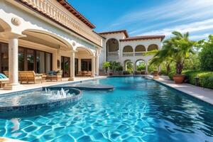 ai gerado lindo casa exterior e ampla natação piscina em ensolarado dia com azul céu , características Series do água jatos formando arcos foto