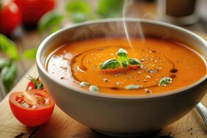 ai gerado tomate shorba uma vapor tigela do cremoso tomate sopa enfeite. generativo ai foto