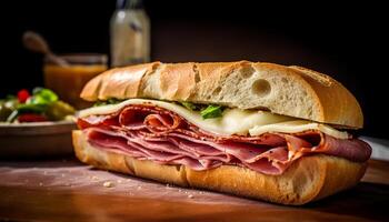 ai gerado frescor e gourmet refeição grelhado carne de porco em ciabatta sanduíche gerado de ai foto