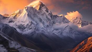 ai gerado majestoso montanha pico, neve coberto paisagem, panorâmico pôr do sol aventura gerado de ai foto