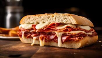 ai gerado grelhado carne de porco sanduíche em ciabatta, uma delicioso pouco saudável gourmet refeição gerado de ai foto