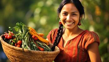 ai gerado sorridente mulher ao ar livre, segurando vegetal cesta, olhando às Câmera gerado de ai foto