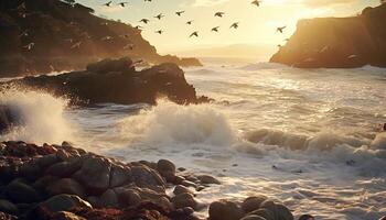 ai gerado pôr do sol sobre a litoral, ondas espirrando em rochoso falésias gerado de ai foto