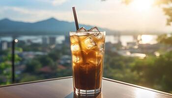 ai gerado refrescante coquetel em mesa, gelo Derretendo dentro verão pôr do sol gerado de ai foto