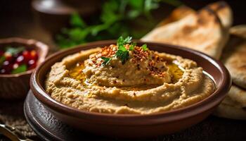 ai gerado frescor e saudável comendo dentro uma vegetariano Húmus tigela gerado de ai foto