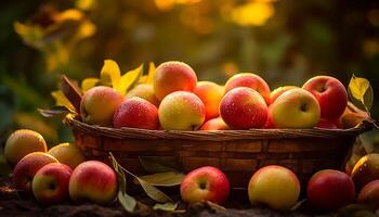 ai gerado fresco, maduro maçãs dentro uma cesta, uma gosto do outono gerado de ai foto