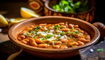 ai gerado fresco vegetariano refeição cozinhou com orgânico ingredientes em de madeira mesa gerado de ai foto