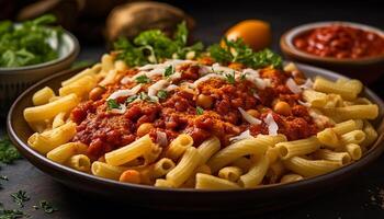 ai gerado recentemente cozinhou massa com caseiro bolonhesa molho e parmesão queijo gerado de ai foto