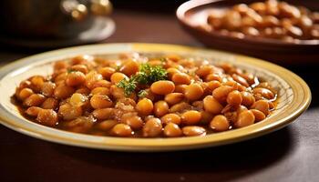 ai gerado saudável vegetariano refeição fresco, cozinhou legumes em de madeira prato gerado de ai foto