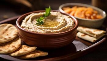 ai gerado saudável vegetariano refeição caseiro Húmus mergulho com fresco Pão Pita pão gerado de ai foto