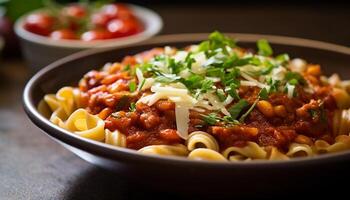 ai gerado saudável vegetariano massa refeição com fresco tomate e caseiro molho gerado de ai foto