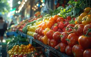ai gerado fresco tomates e morangos às mercado impedir foto