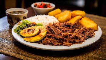 ai gerado grelhado carne, fresco salada, cozinhou vegetais, pronto para comer saudável refeição gerado de ai foto