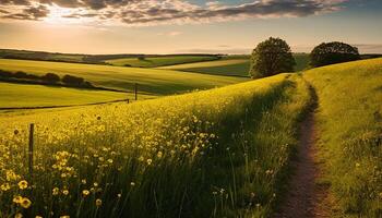 ai gerado vibrante Prado, rolando colinas, pôr do sol natureza beleza dentro rural panorama gerado de ai foto