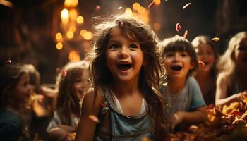 ai gerado meninas sorridente, a comemorar, alegre, alegre, bonitinho, desfrutando Natal luzes gerado de ai foto