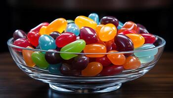 ai gerado uma vibrante tigela do colorida doce em uma de madeira mesa gerado de ai foto